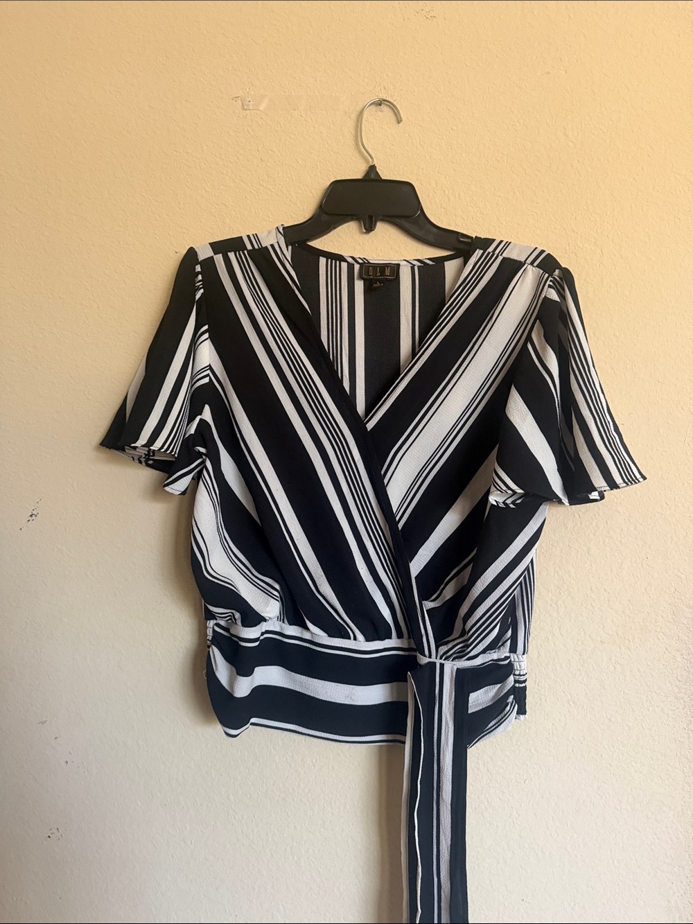 Striped Wrap Blouse with Tie Waist - Black & White